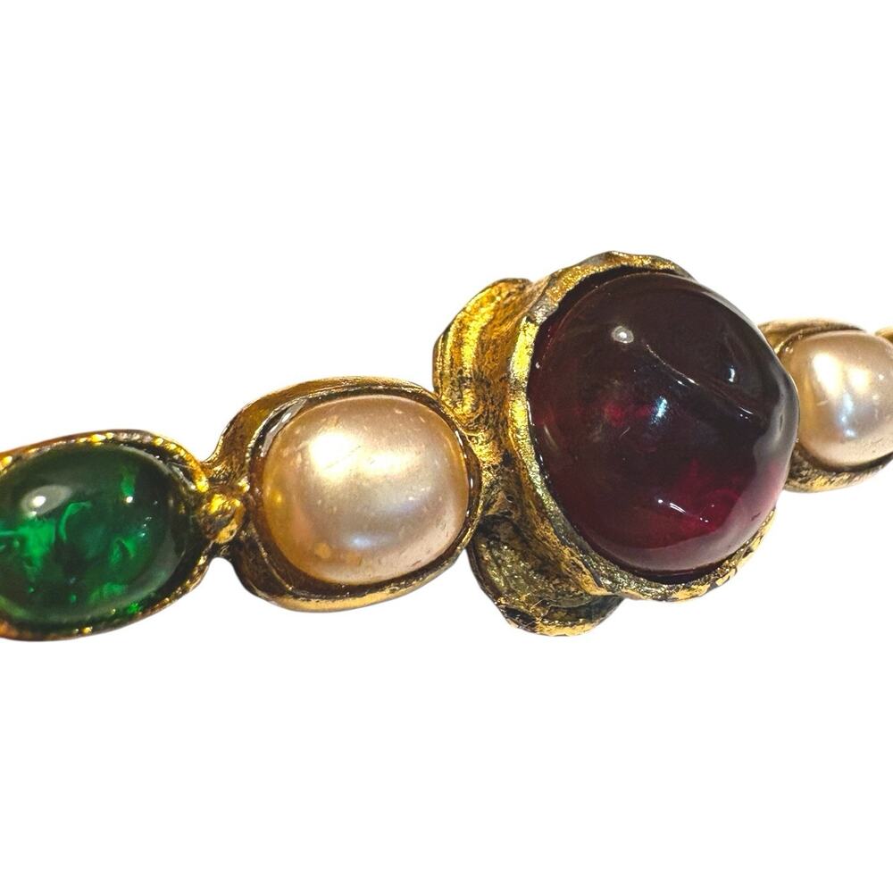 Vintage CHANEL 1986 Gripoix Glass Cabochon Bar Brooch Pearl Green CC Logo - Picture 5 of 14